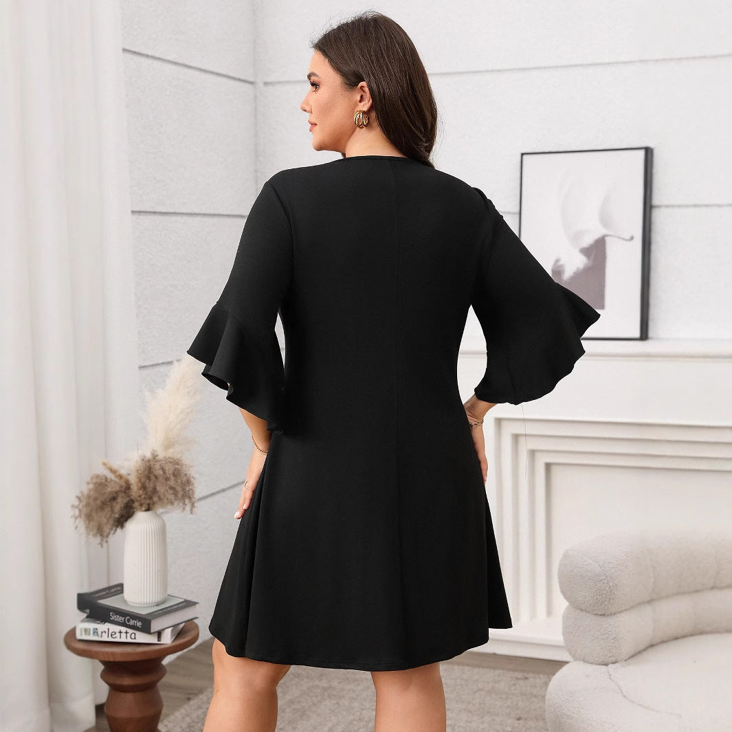 Plus Size Solid Color Bell Sleeve Maxi Dress