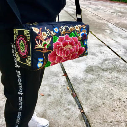 Ethnic Style Classic Embroidery Bag, Three-Layer Zipper Bag, Cross-Body Embroidery Small Bag