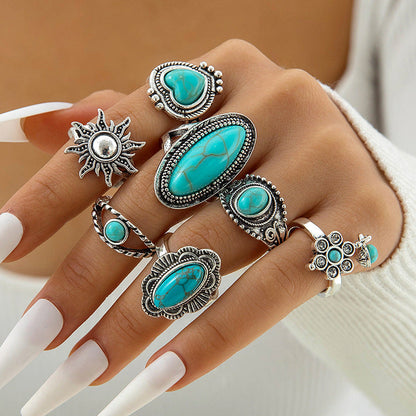 Bohemian Style Carved Feather Turquoise Ring Set