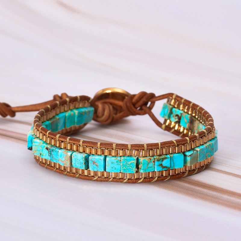4Mm Square Imperial Stone Chain Hand Woven Bracelet Vintage Leather Bracelet