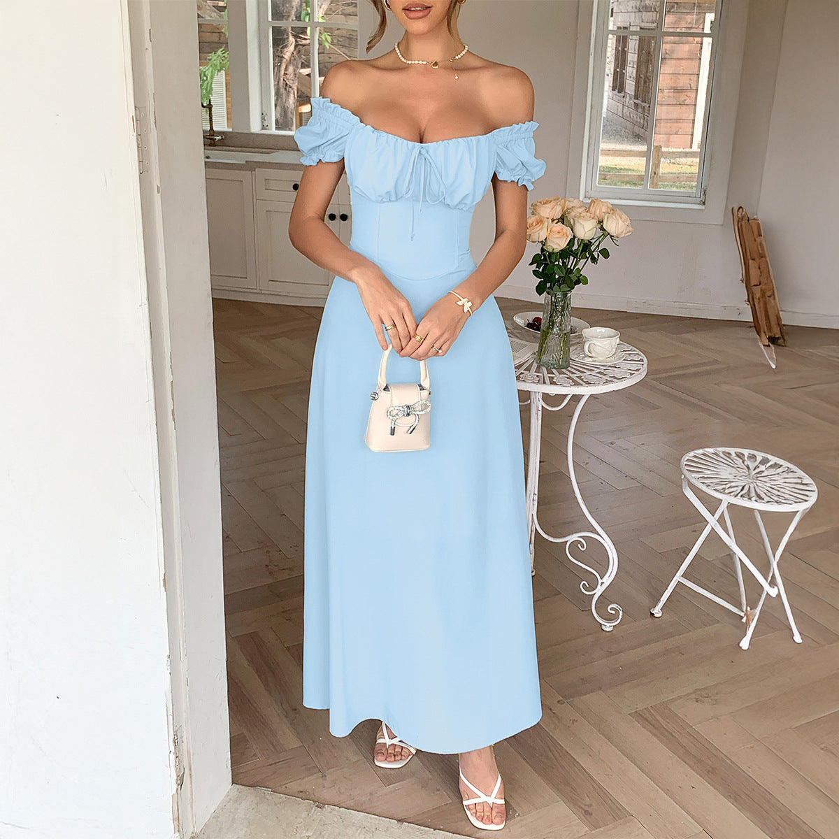 Elegant One-Shoulder Long Dress with Short Sleeves