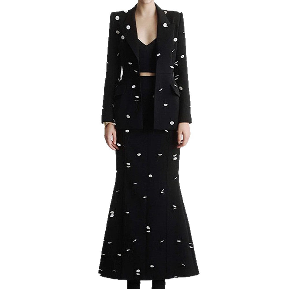 New Color-Blocked Sequined Blazer And Mermaid Skirt Set