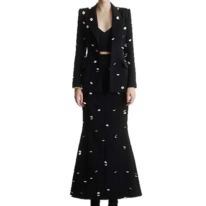 New Color-Blocked Sequined Blazer And Mermaid Skirt Set