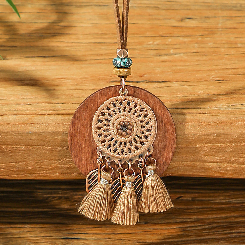Bohemian Dreamcatcher Tassel Earrings and Wooden Necklace Set