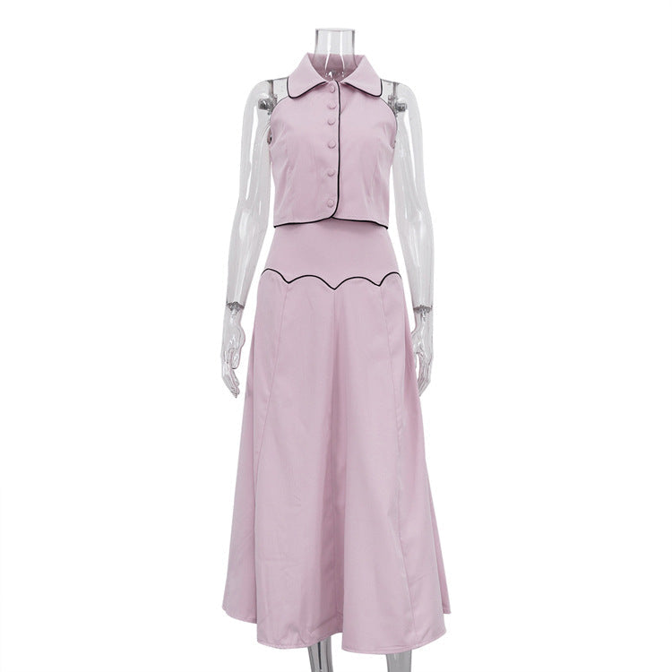 Elegant French-Inspired Sleeveless Cardigan and Long Skirt Set