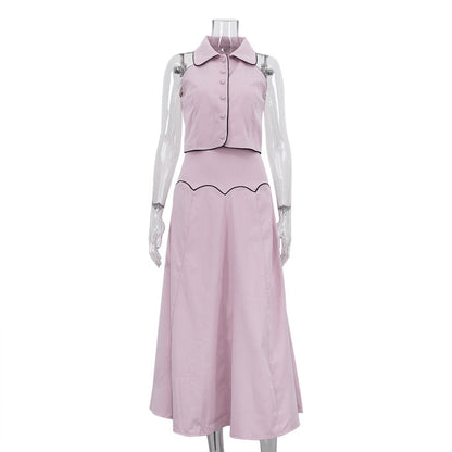 Elegant French-Inspired Sleeveless Cardigan and Long Skirt Set