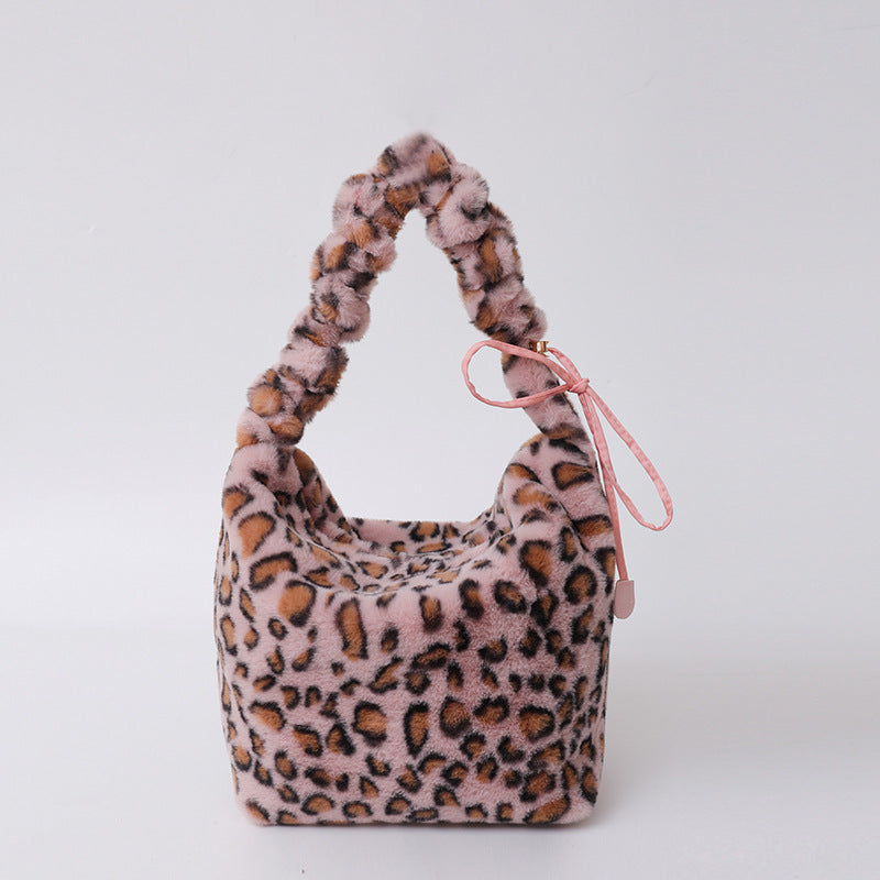 Retro Leopard Print Plush Shoulder Bag Large Capacity Crossbody Bag