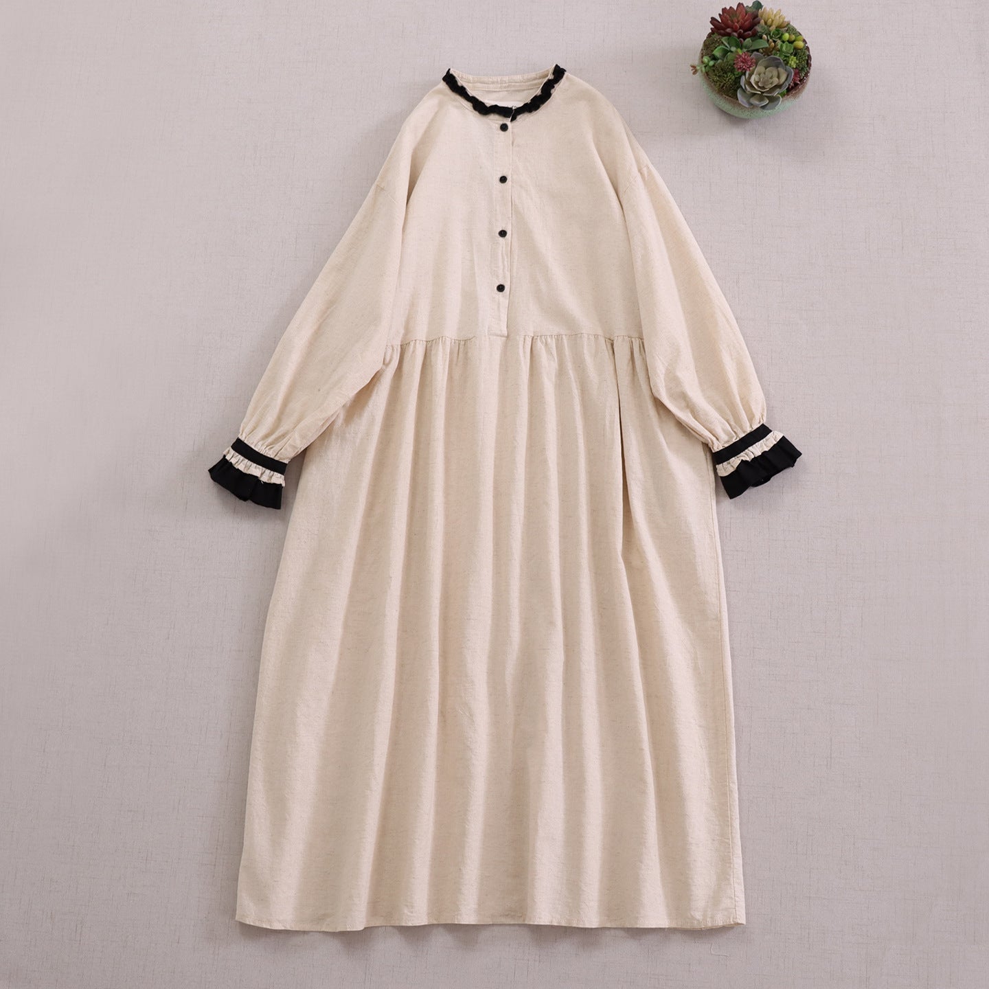 Gathered Neck Long Sleeve Cotton-Linen Maxi Dress