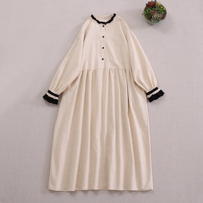 Gathered Neck Long Sleeve Cotton-Linen Maxi Dress