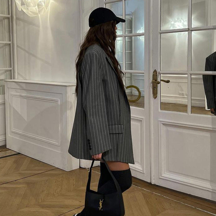Striped Blazer And Skirt Set Chic Casual Polyester Outfit