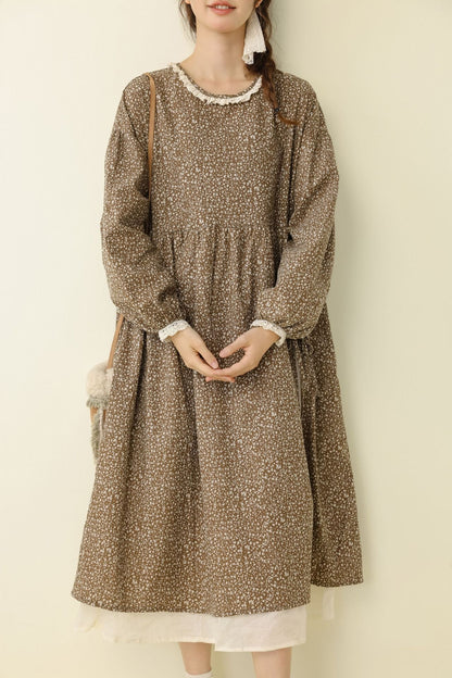 Floral Print Long Sleeve Cotton Linen Dress