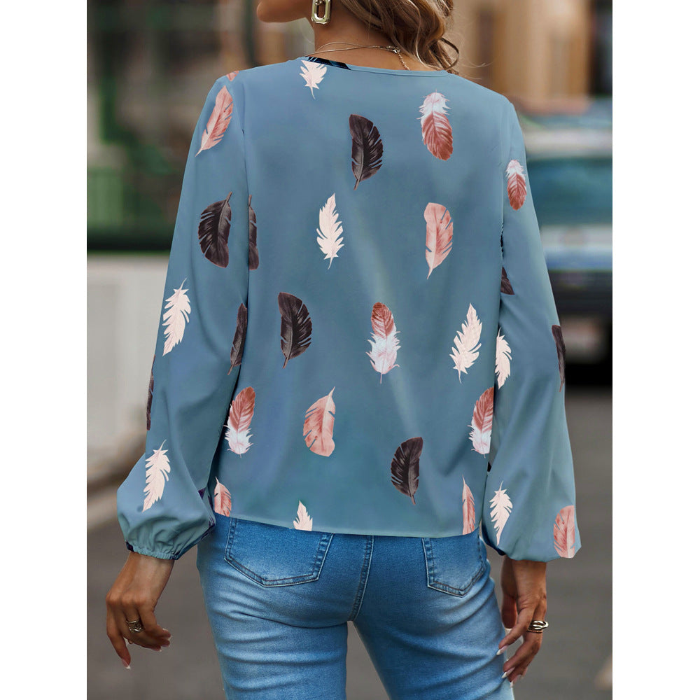 Women'S V-Neck Feather Print Long Sleeves Loose T-Shirt Blouse