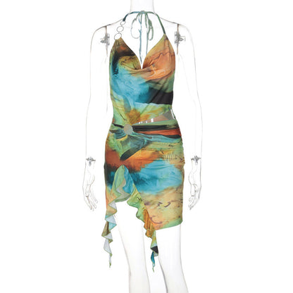 Sexy Backless Tie-Up Dress Trendy Floral Milk Silk Dress