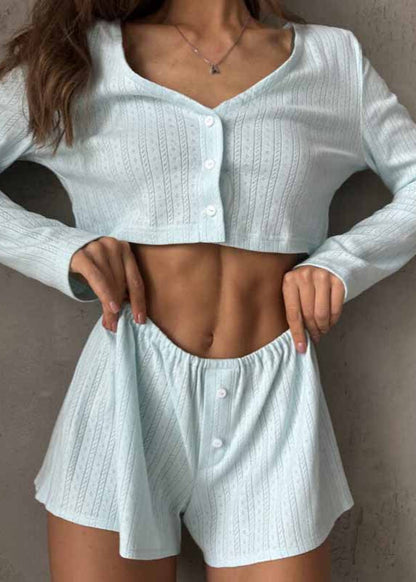 Ribbed Cotton Lounge Set Cropped Button Up