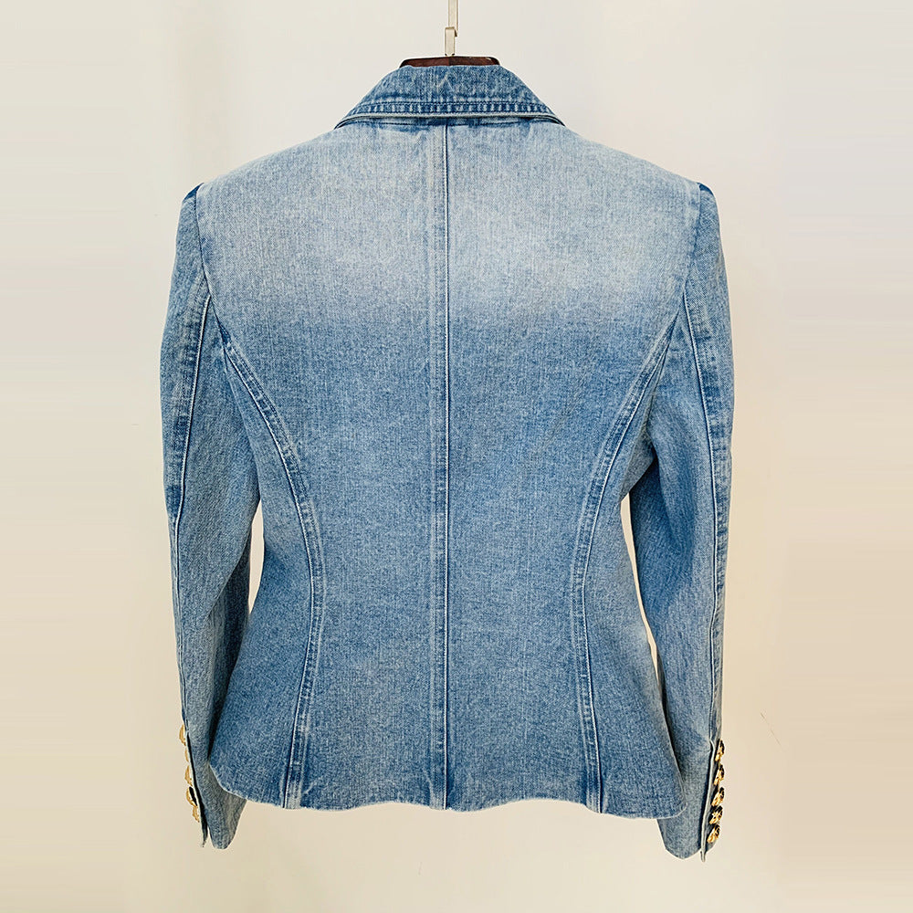 Double-Breasted Lion Button Denim Blazer Style