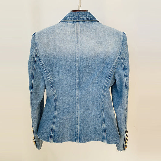Trendy Double-Breasted Denim Blazer With Lion Button