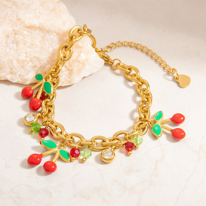 Cherry Pendant Stainless Steel Bracelet for Women Elegant Fashion Accessory