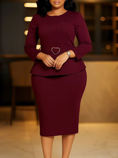 Elegant Round Neck Pencil Dress With Belt