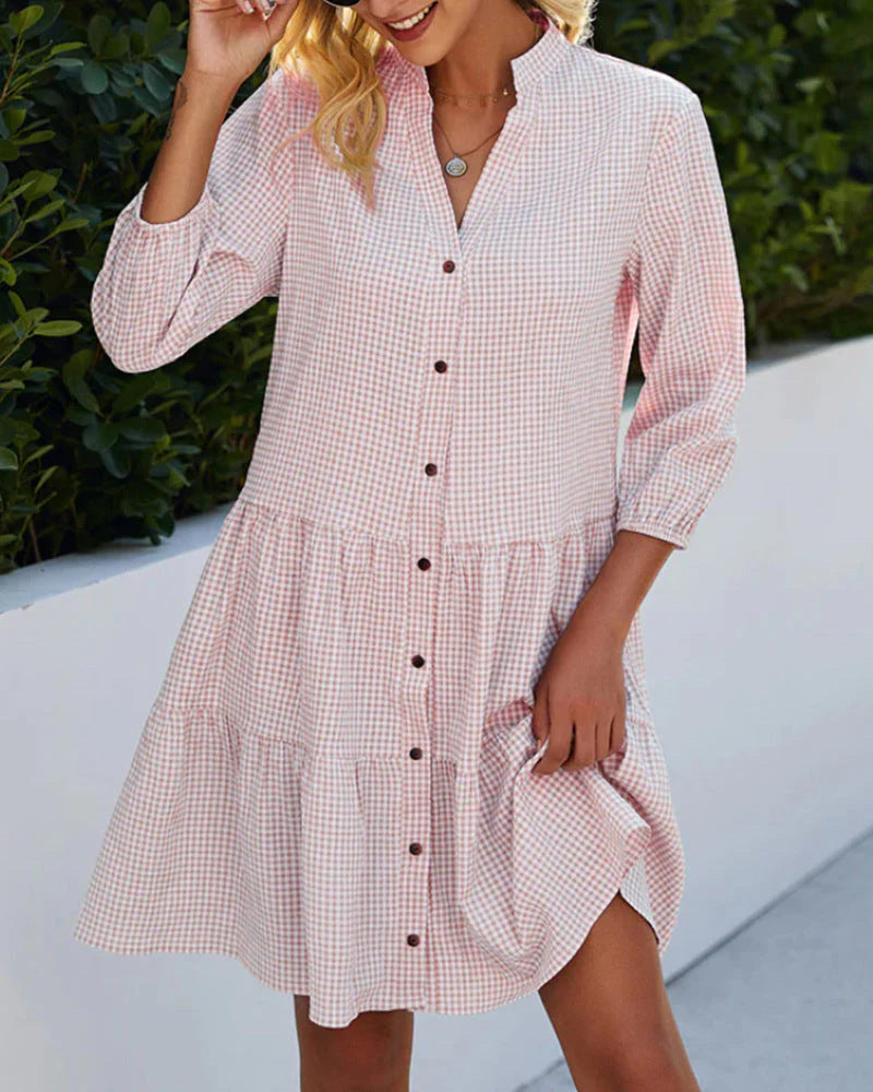 Women'S Spring 5/4 Sleeve Women'S Checkered Standing Collar Shirt Dress