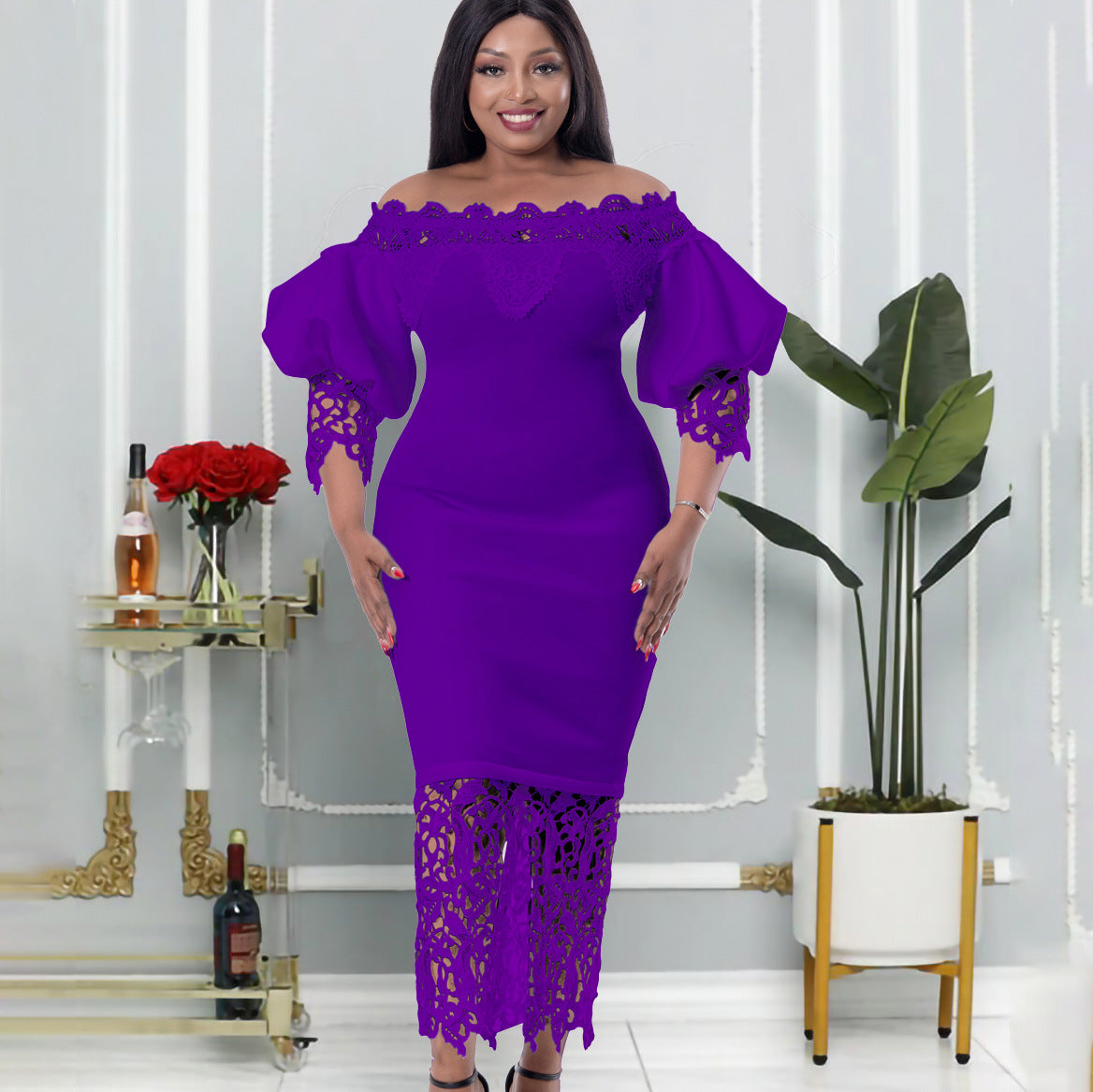 Off-The-Shoulder Lace Detail Pencil Dress With Lantern Sleeves