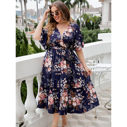 Navy Blue Floral V-Neck A-Line Dress Polyester For Casual Wear