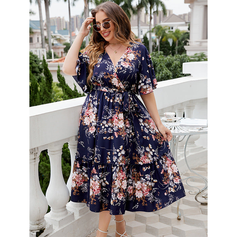 Navy Blue Floral V-Neck A-Line Dress Polyester For Casual Wear