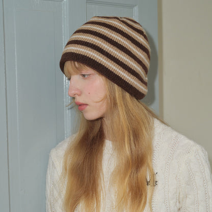 Striped Wool Blend Beanie Hat Soft Knit for Women