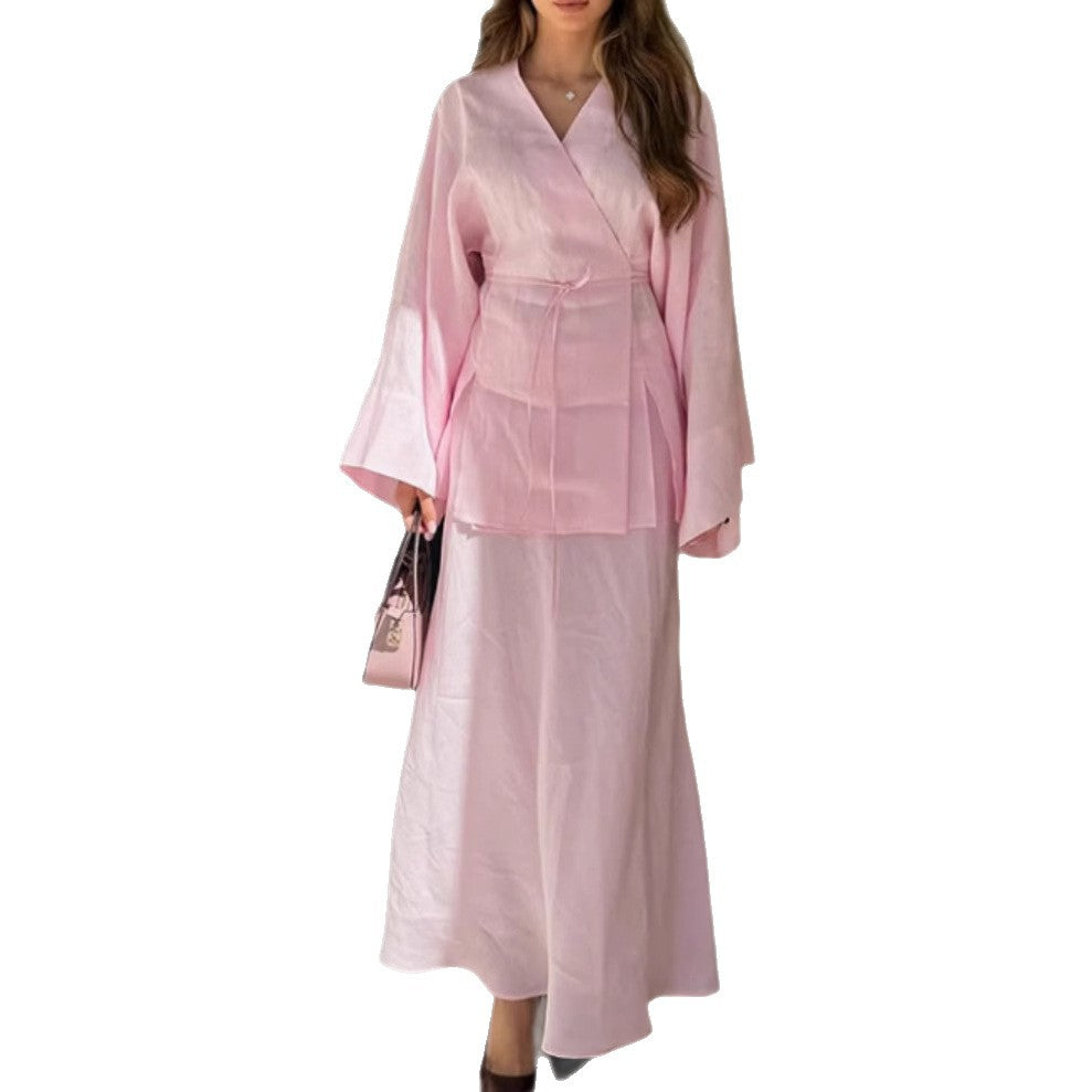 Trendy Casual Long Sleeve Dress Set With Ties
