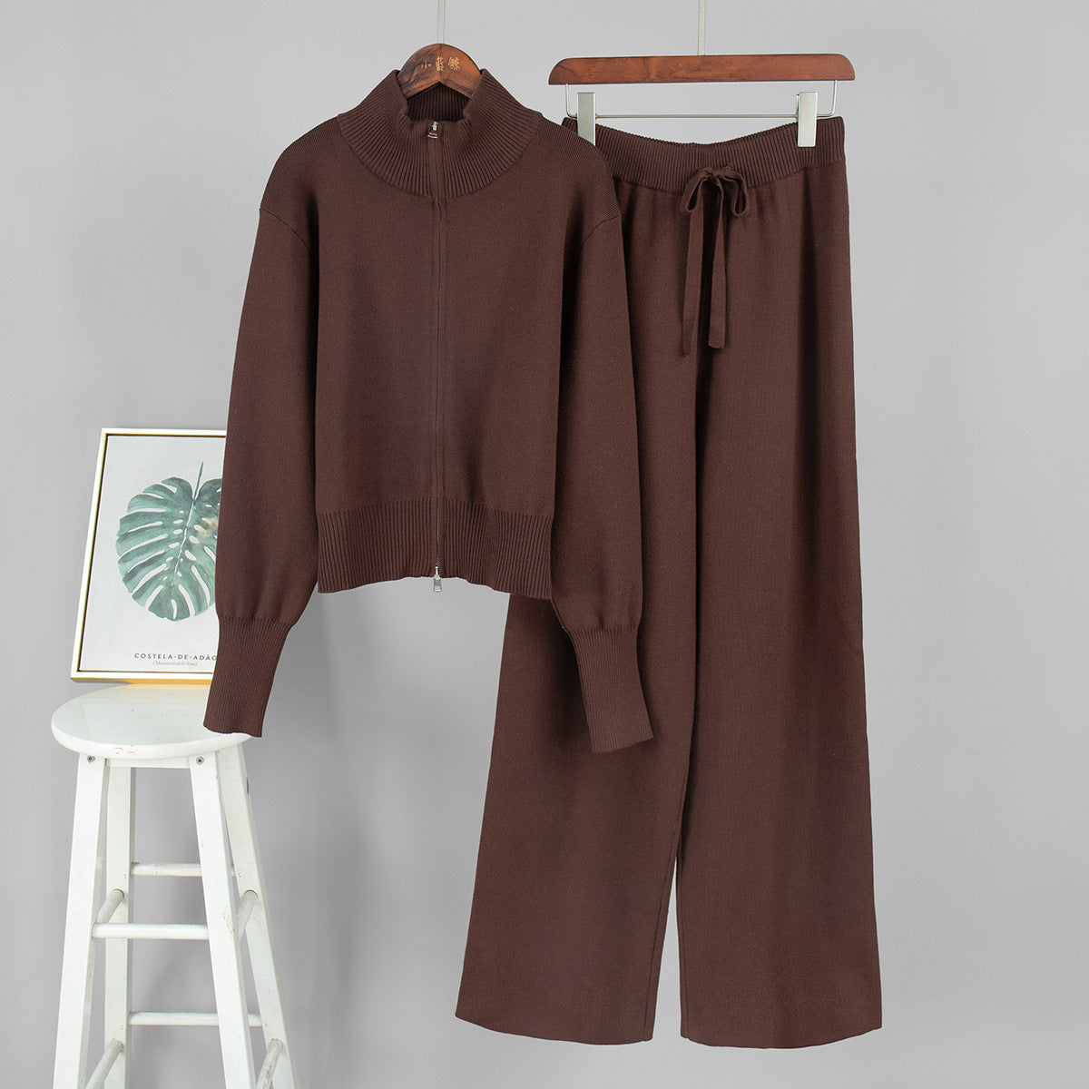 Chic Knitted Zipper Cardigan and Pants Set