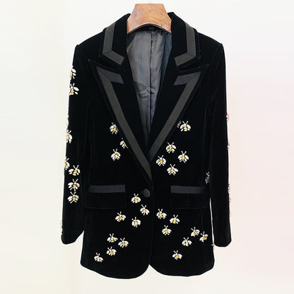 Stylish Fitted Bee Embellished Velvet Blazer