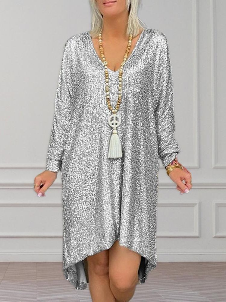 Sequin V-Neck Long Maxi Dress Casual Style