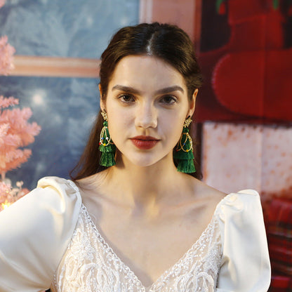 Ethnic Style Fringe Christmas Earrings, New Long Exaggerated Lightweight Rice Beads, Five-Pointed Star Hand-Woven Earrings