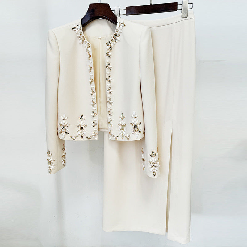 Beaded Cardigan Set With Long Skirt