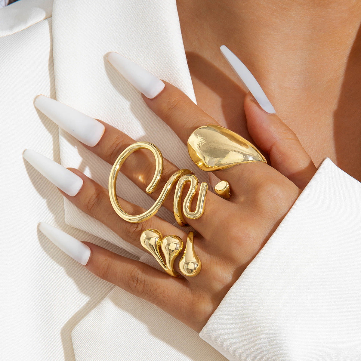 Elegant Irregular Geo Cutout Arc Ring Set - 4 Pieces