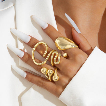 Elegant Irregular Geo Cutout Arc Ring Set - 4 Pieces