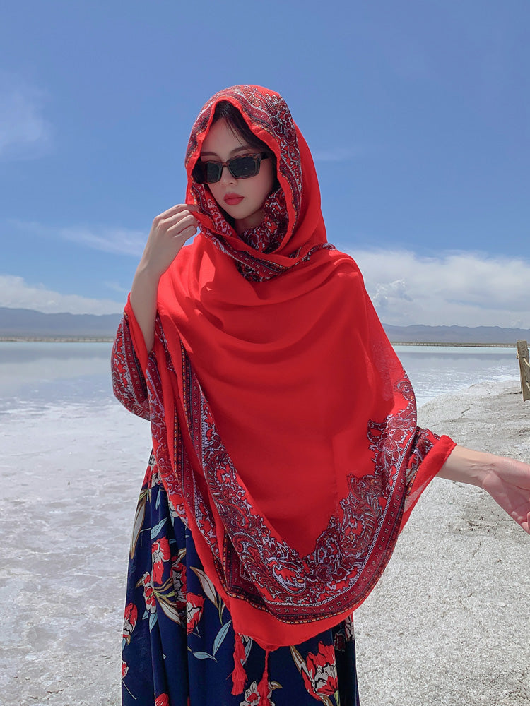 Red Ethnic Style Sunscreen Shawl Women'S Summer Thin Style Wrapped With Silk Scarves, Beach Scarves