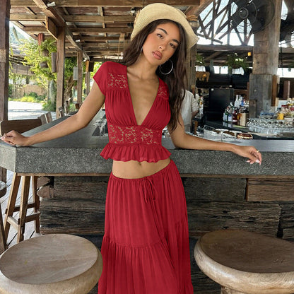 Trendy French Lace Chiffon Cardigan T-Shirt with Loose Fit Maxi Dress