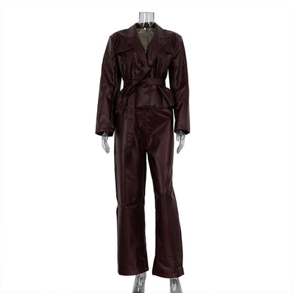Vintage Stand Collar Belted PU Leather Jacket Set