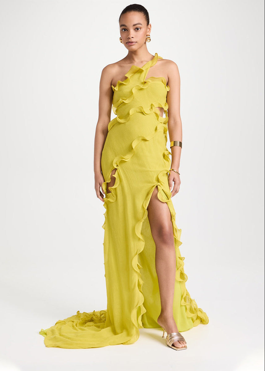 One Shoulder Ruffle Slit Chiffon Gown Yellow