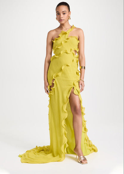 One Shoulder Ruffle Slit Chiffon Gown Yellow