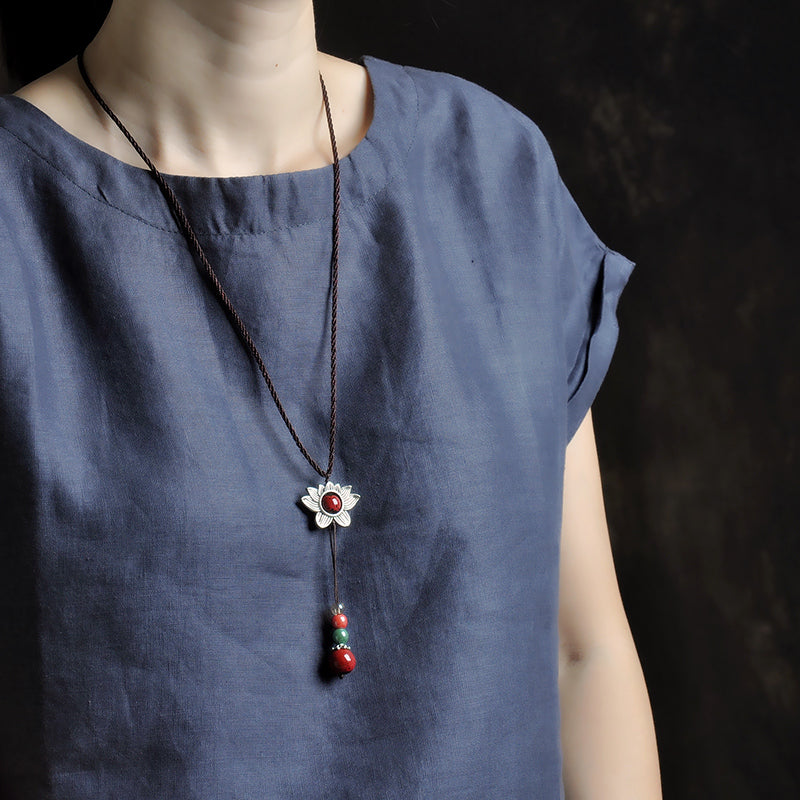 Retro Lotus Pendant Vermilion Decoration Necklace Simple Accessories Pendant Clothes Pendant National Style Sweater Chain