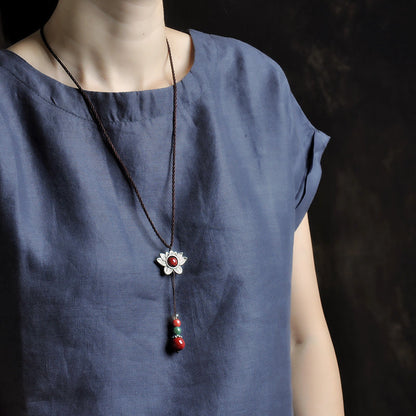 Retro Lotus Pendant Vermilion Decoration Necklace Simple Accessories Pendant Clothes Pendant National Style Sweater Chain