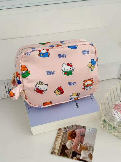 Cat Print Satin Cosmetic Bag Cute Cartoon Travel Organizer