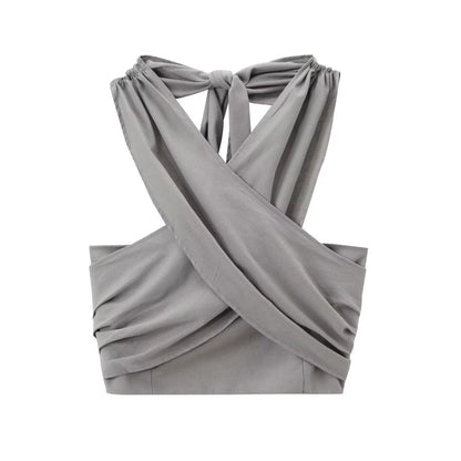 Vesty - Linen Cross-Neck Two-Piece Set (Top + Pants)