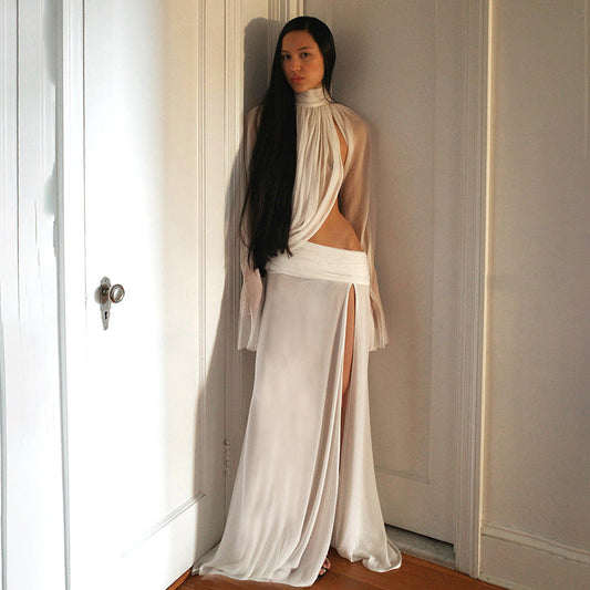 Sexy Sheer High Neck Flared Sleeve Top And Split Maxi Skirt Set