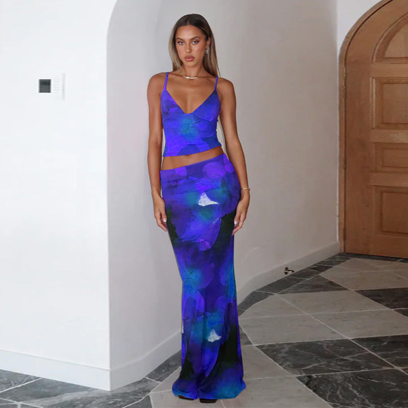 Floral Print Sexy V-Neck Top and Skirt Set