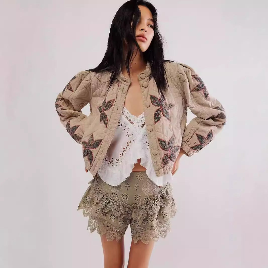 Leaf Pattern Casual Short Padded Jacket