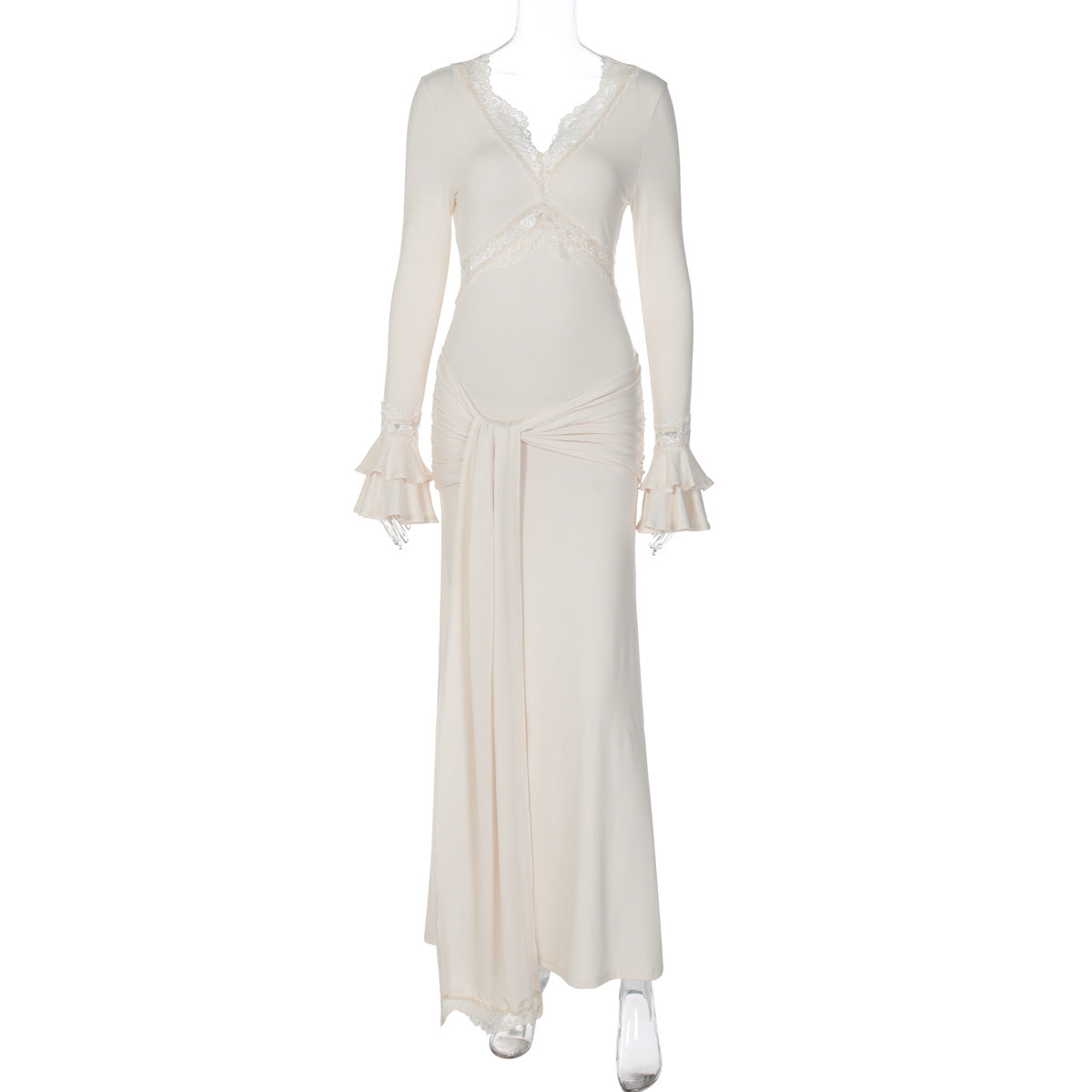 Elegant V-Neck Lace Trimmed Long Sleeve Dress