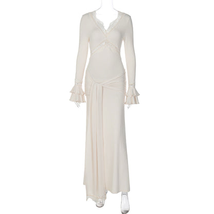 Elegant V-Neck Lace Trimmed Long Sleeve Dress