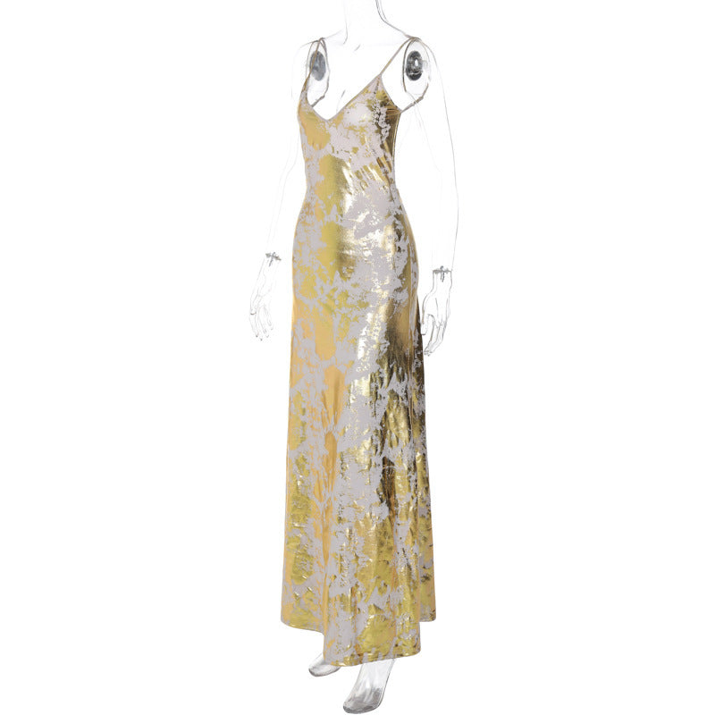 Gold Backless Slip Dress Elegant Style